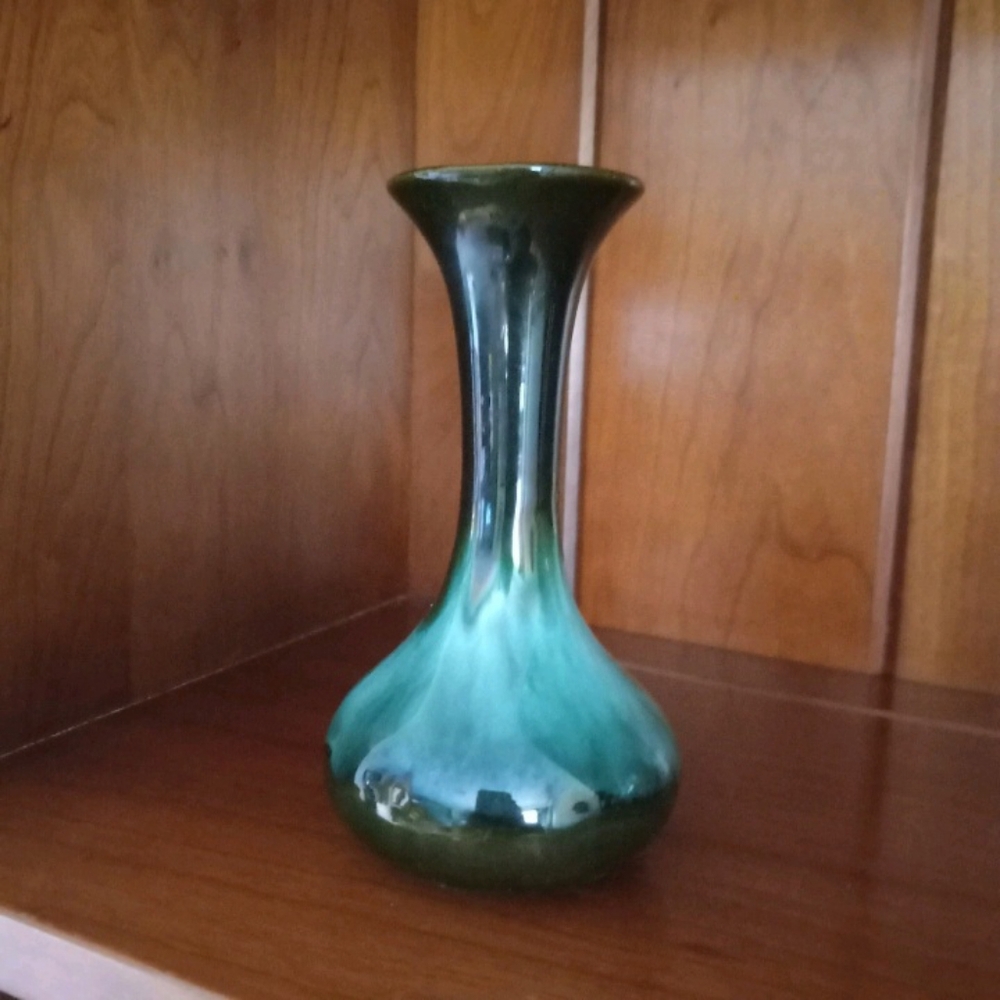 70s Vintage Blue Mtn Pottery Canada Teal Black Hombre Drip Glaze Bud Vase